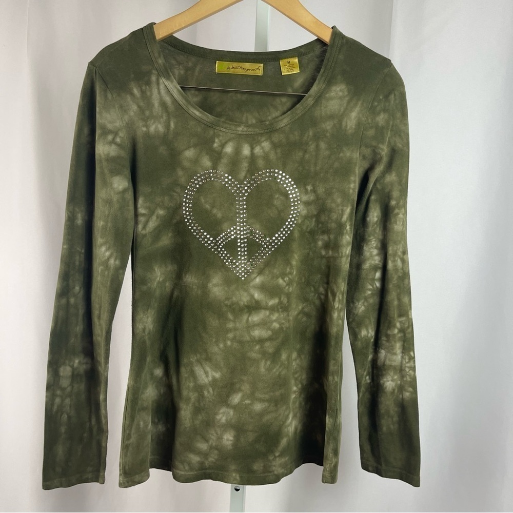 Weatherproof Medium Tie Dye Gem Rhinestone Peace Heart Y2K Shirt Top Hippie